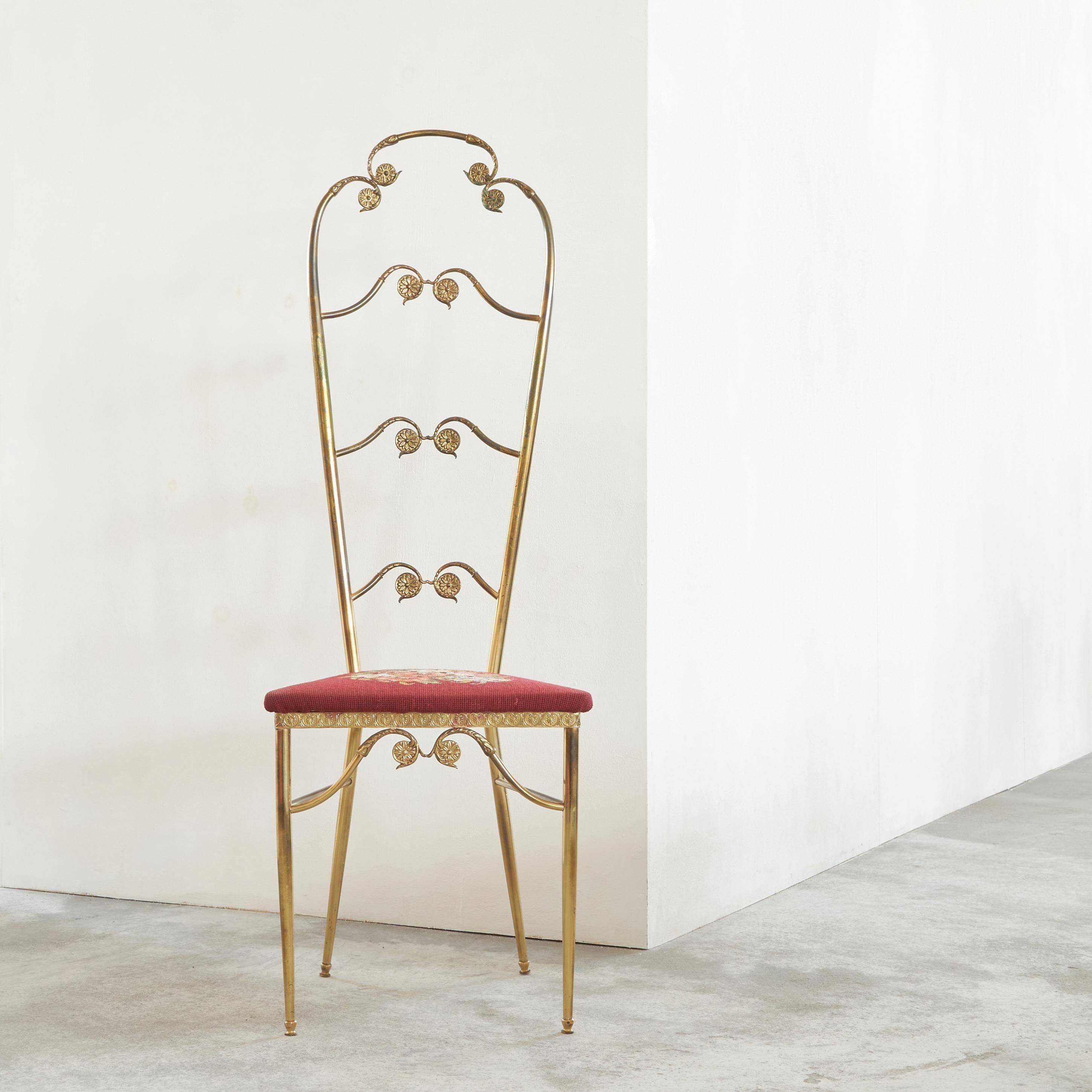 Chiavari chair with high back, brass, embroidery from the 1960s.