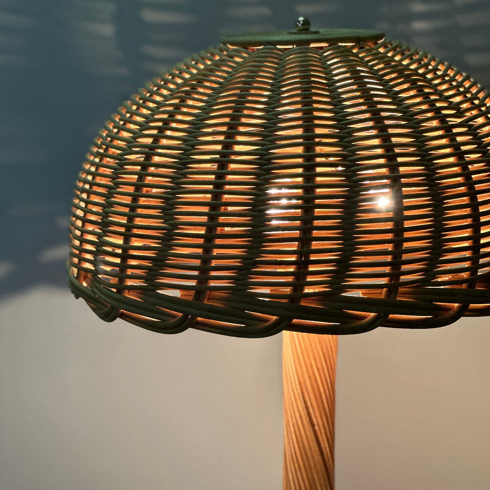 Large French rattan floor lamp, mushroom shade, vintage wicker standing lamp
