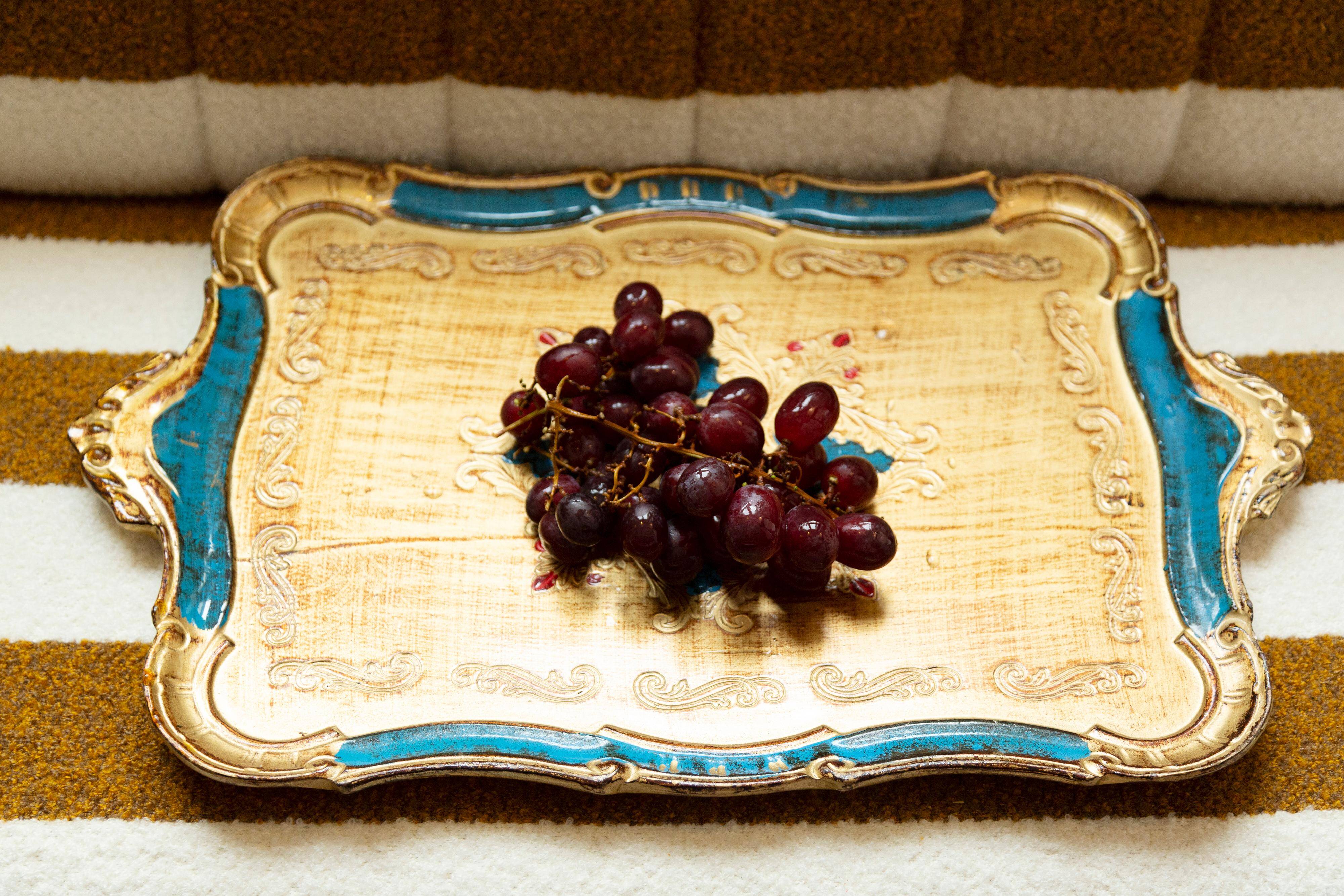 Vintage blue wooden decorative plate, Italy, 1960s