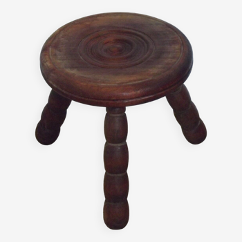 Vintage French Hand Made Wood Milking Stool 3 Bobbin Legs Bullseye Seat 4677