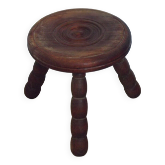 Vintage French Hand Made Wood Milking Stool 3 Bobbin Legs Bullseye Seat 4677