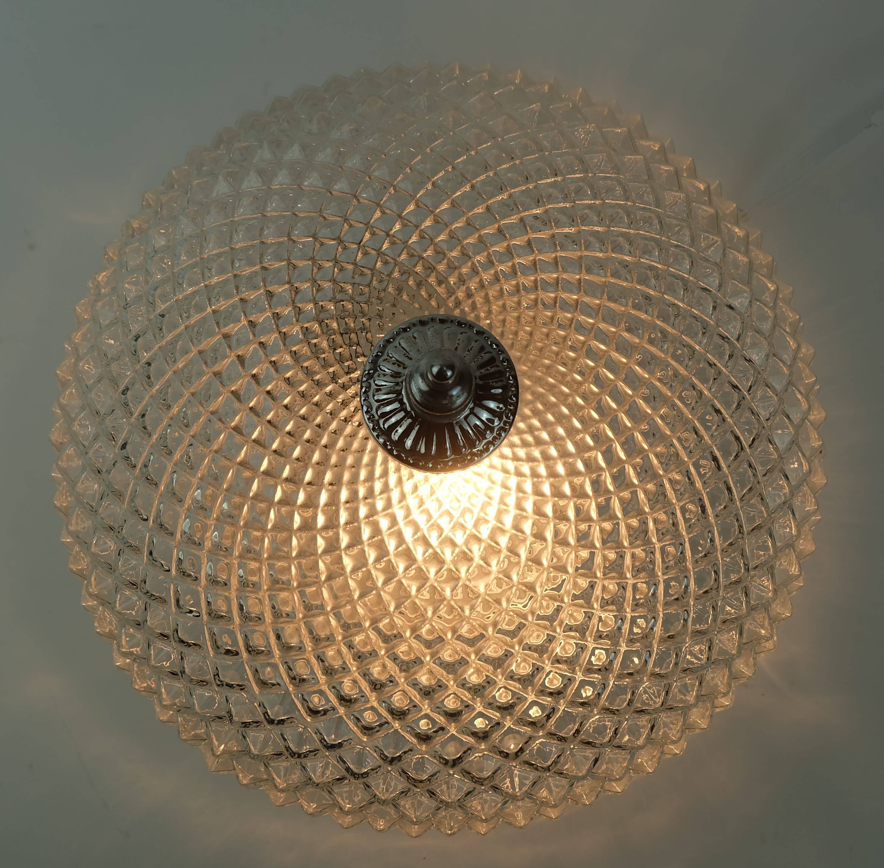 Vintage glass ceiling lamp textured glass and chrome 1970s