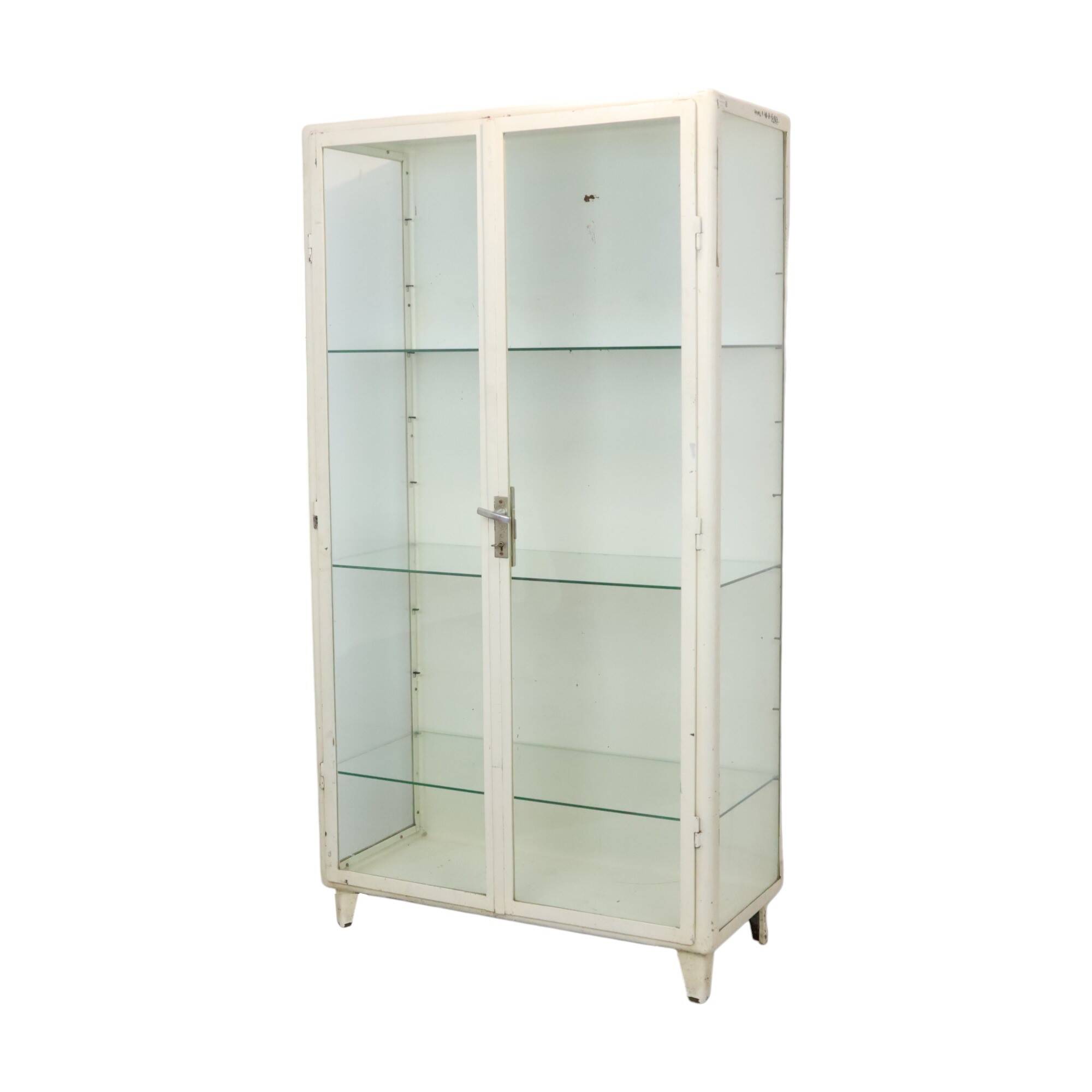 Old metal pharmacy cabinet medicine cupboard glass industrial 1950s
