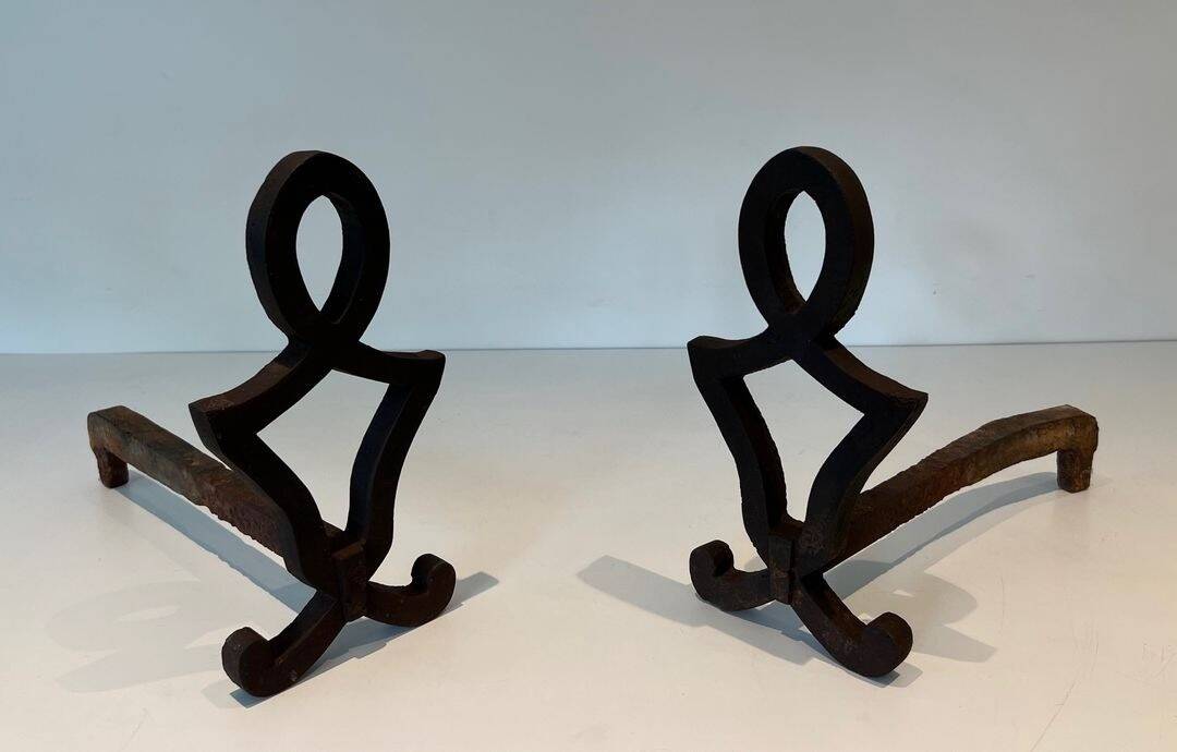 Pair of Modernist Andirons in Cast Iron with Stylised Figure Supports, by Ray