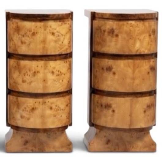 Pair of Art Deco bedside tables in beech, rosewood & elm burl.