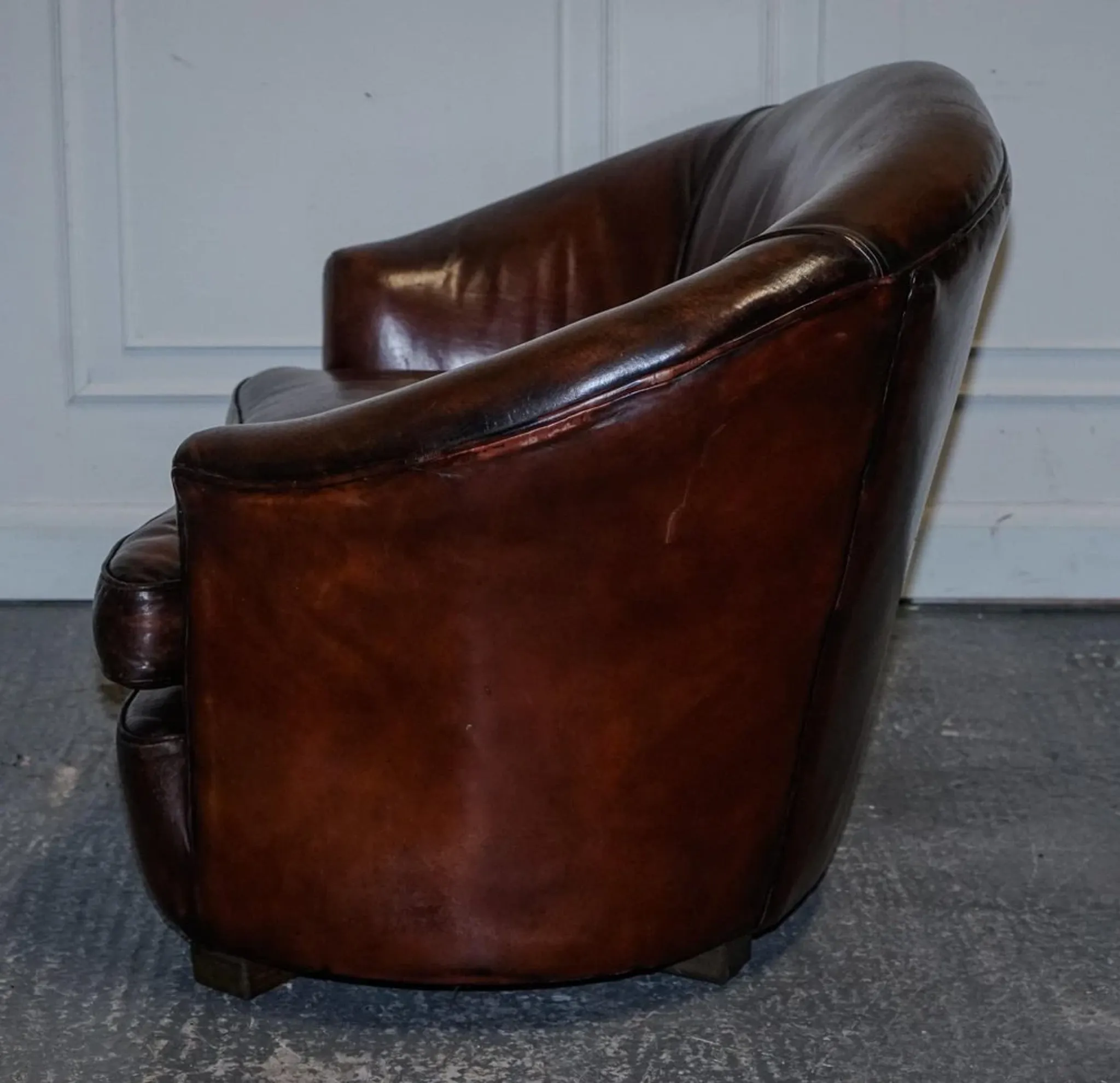 Art Deco Hand-Dyed Whisky Brown Sofa, Armchairs and Ottomans, 1920s, Set of 5