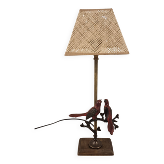 Lampe de table vintage en métal bronze avec oiseaux cardinaux sur branches