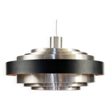 Multi layered "space age" pendant light in brushed aluminium with red light effect. Denmark 1960s