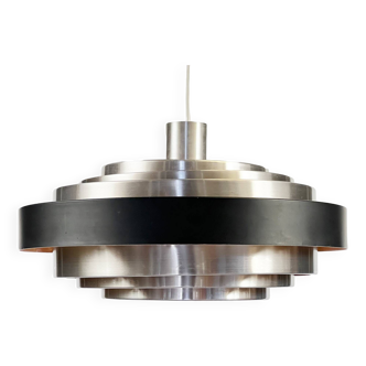 Multi layered "space age" pendant light in brushed aluminium with red light effect. Denmark 1960s