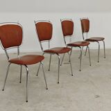 Set of 4 French chairs in camel brown imitation leather and chrome 1960