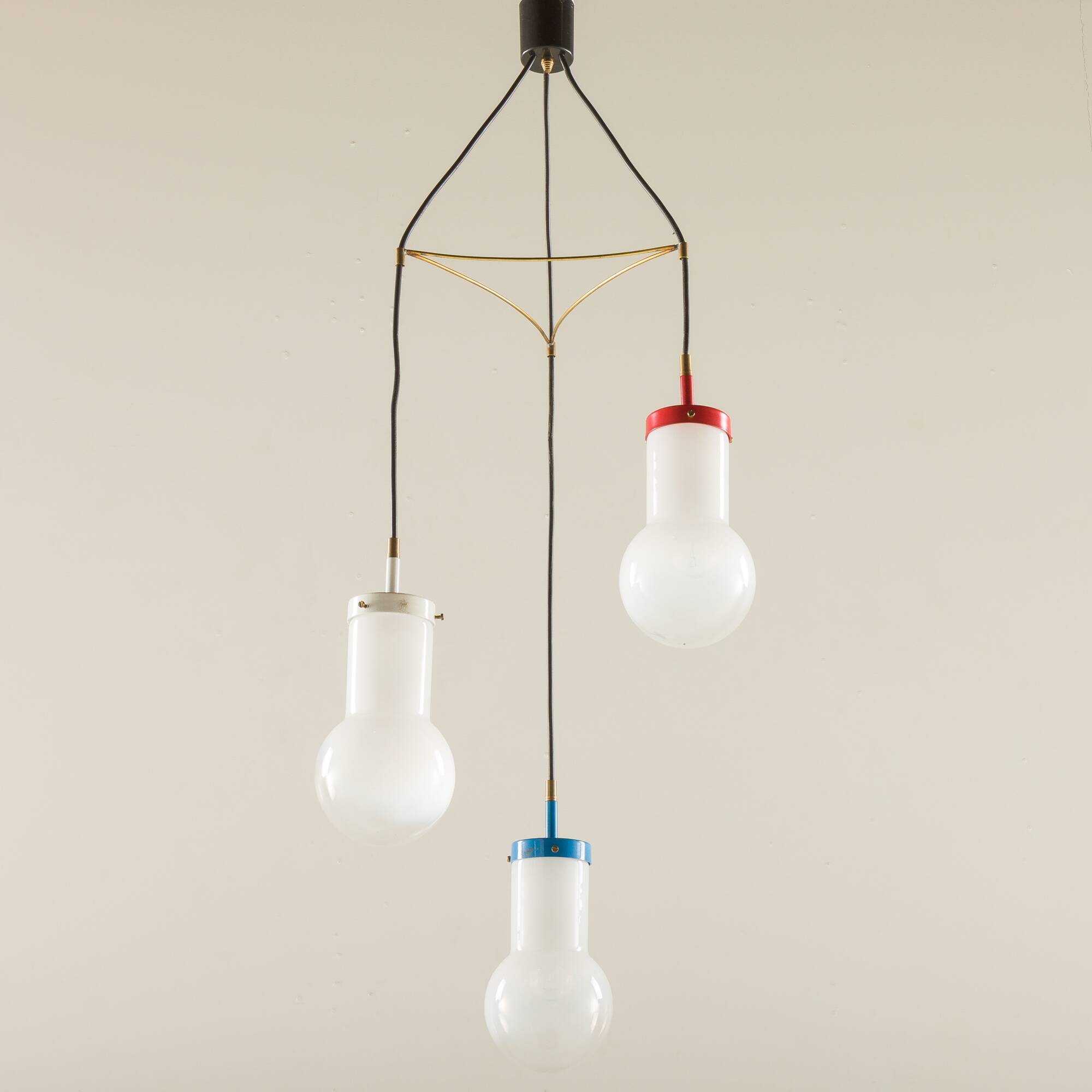 Italian pendant lamp with “lattimo” Murano glass shades, mid century modern