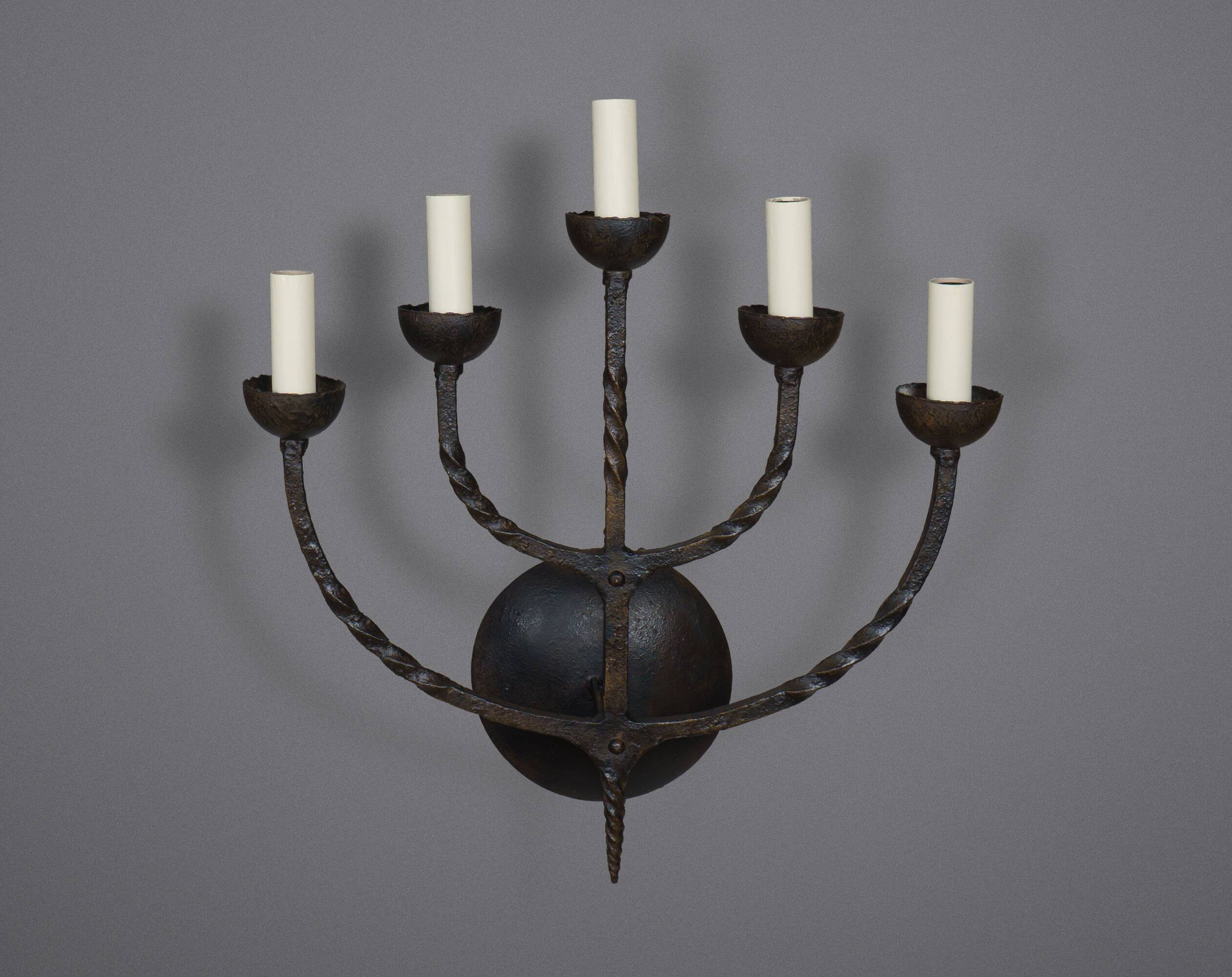 Pair XL Vintage 1950s French Brutalist 5-Arm Wrought Iron Wall Lamps