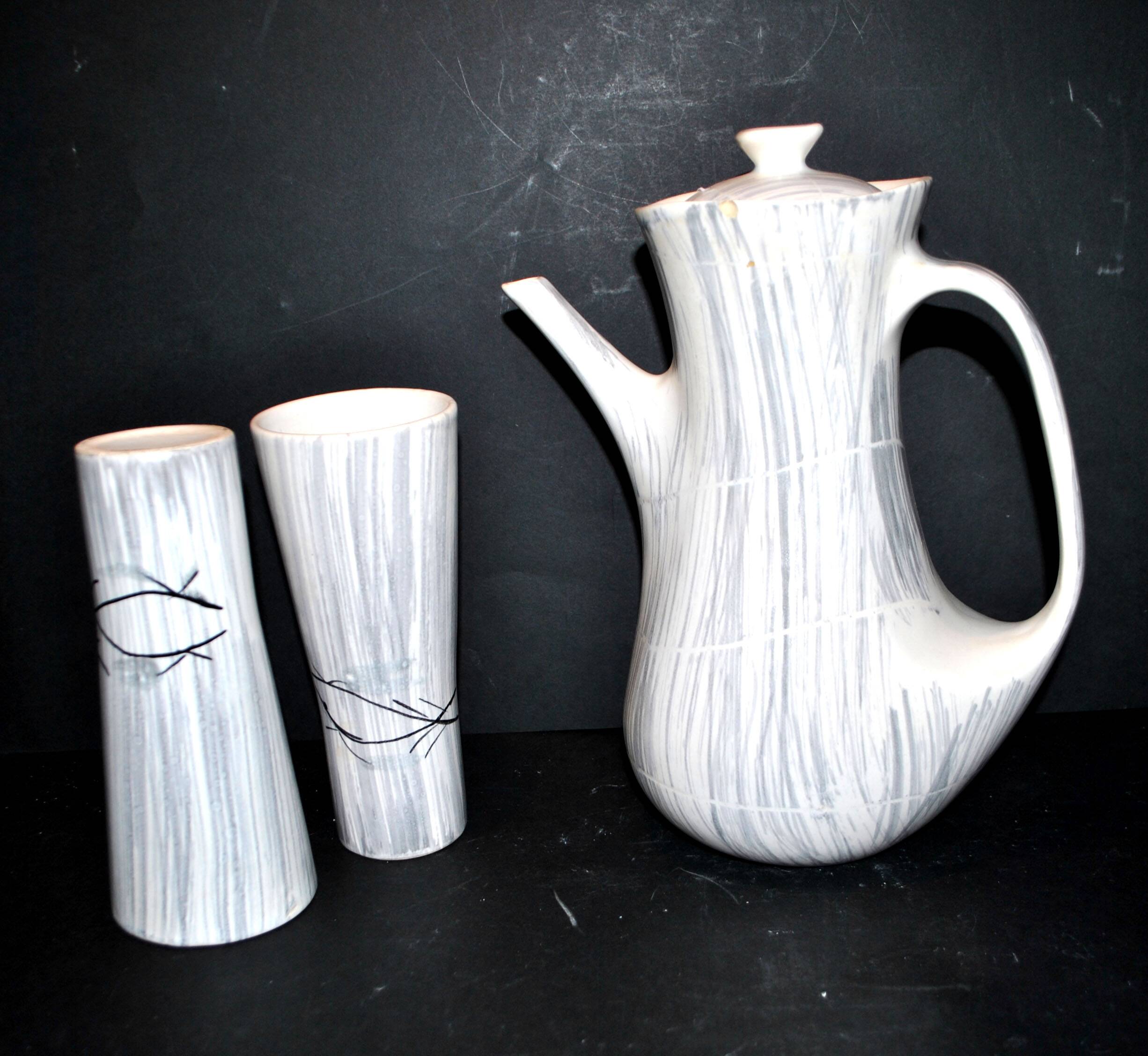 Vintage Niderviller Modernist Ceramic Coffee Pot 1960 with 2 Cups