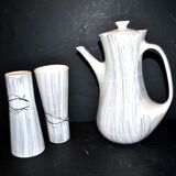 Cafetière et 2 tasses modernistes en céramique de Niderviller, 1960