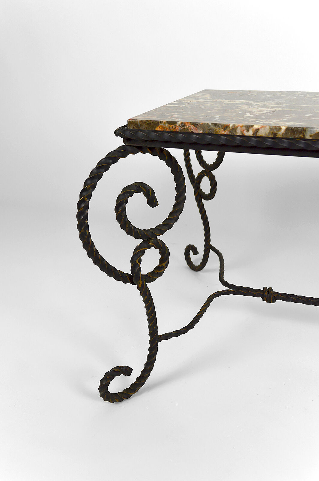 Coffee table in patinated wrought iron and marble, circa 1940