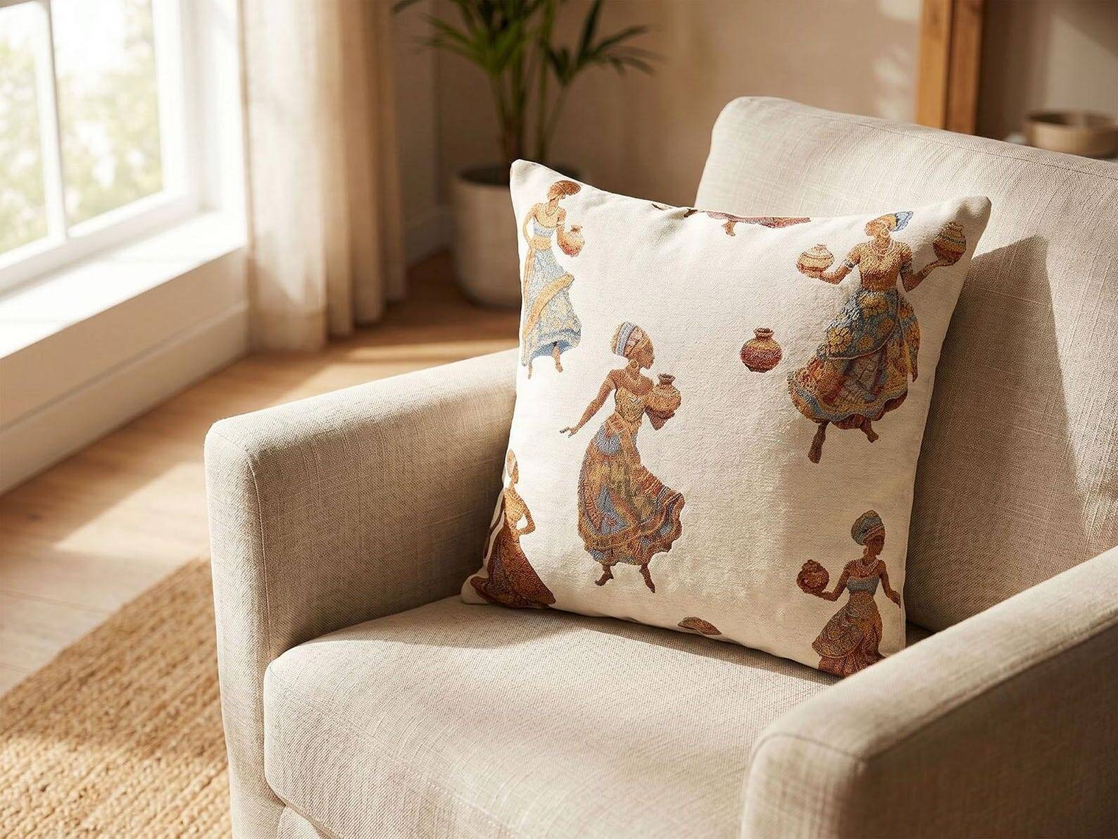 African Pottery Women Jacquard Cushion, Figural Woven Pillow Cover