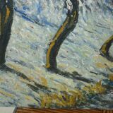 Tableau huile sur toile barque dans paysage enneigé