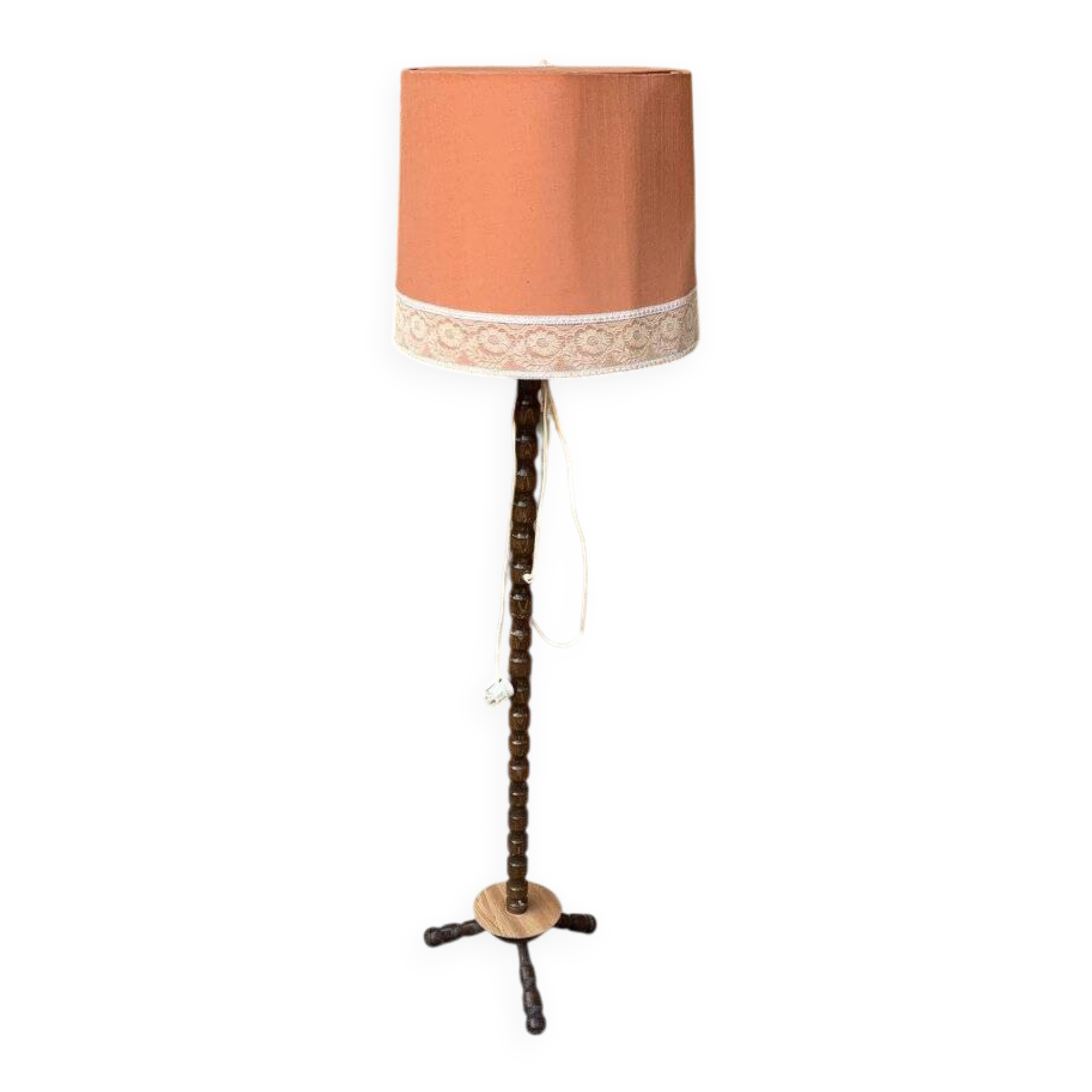 Mid-century coral and wood floor lamp - coral fabric shade from the 1950s.