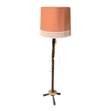 Mid-century coral and wood floor lamp - coral fabric shade from the 1950s.