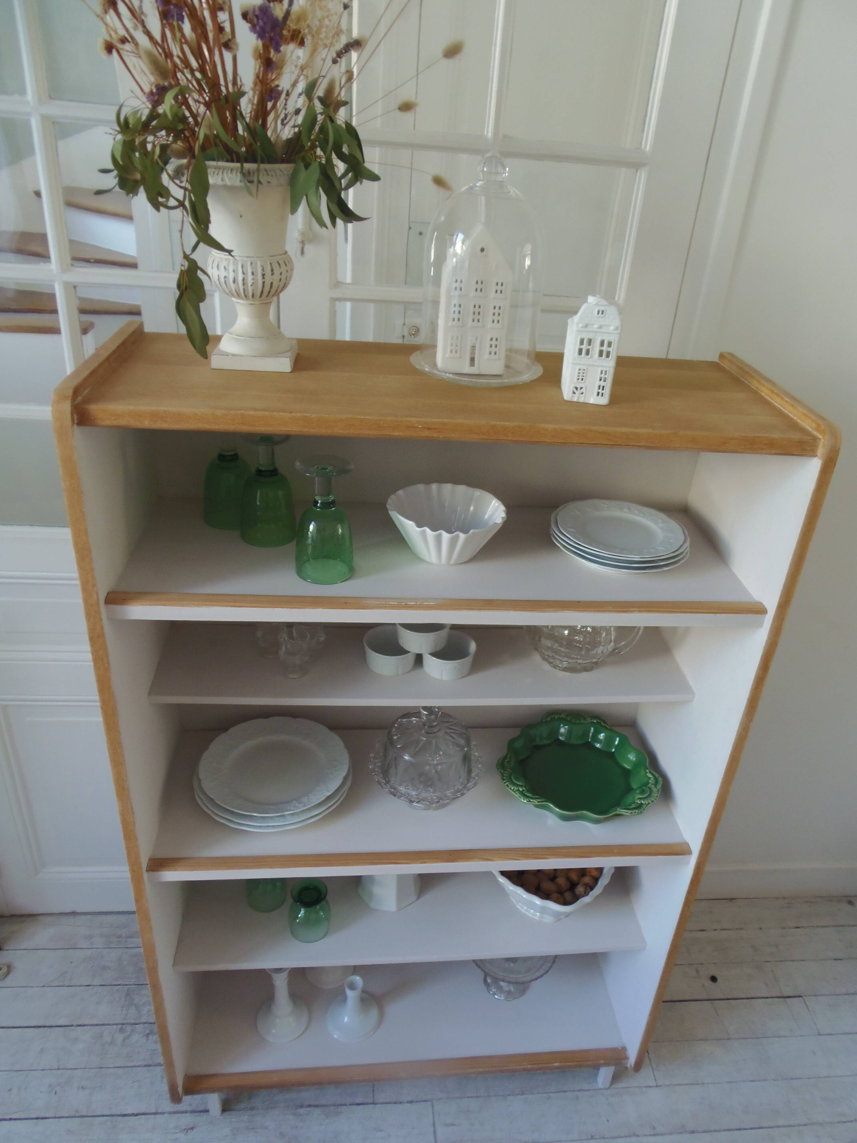 Vintage bookshelf in oak veneer, pearl grey interior, metal legs.