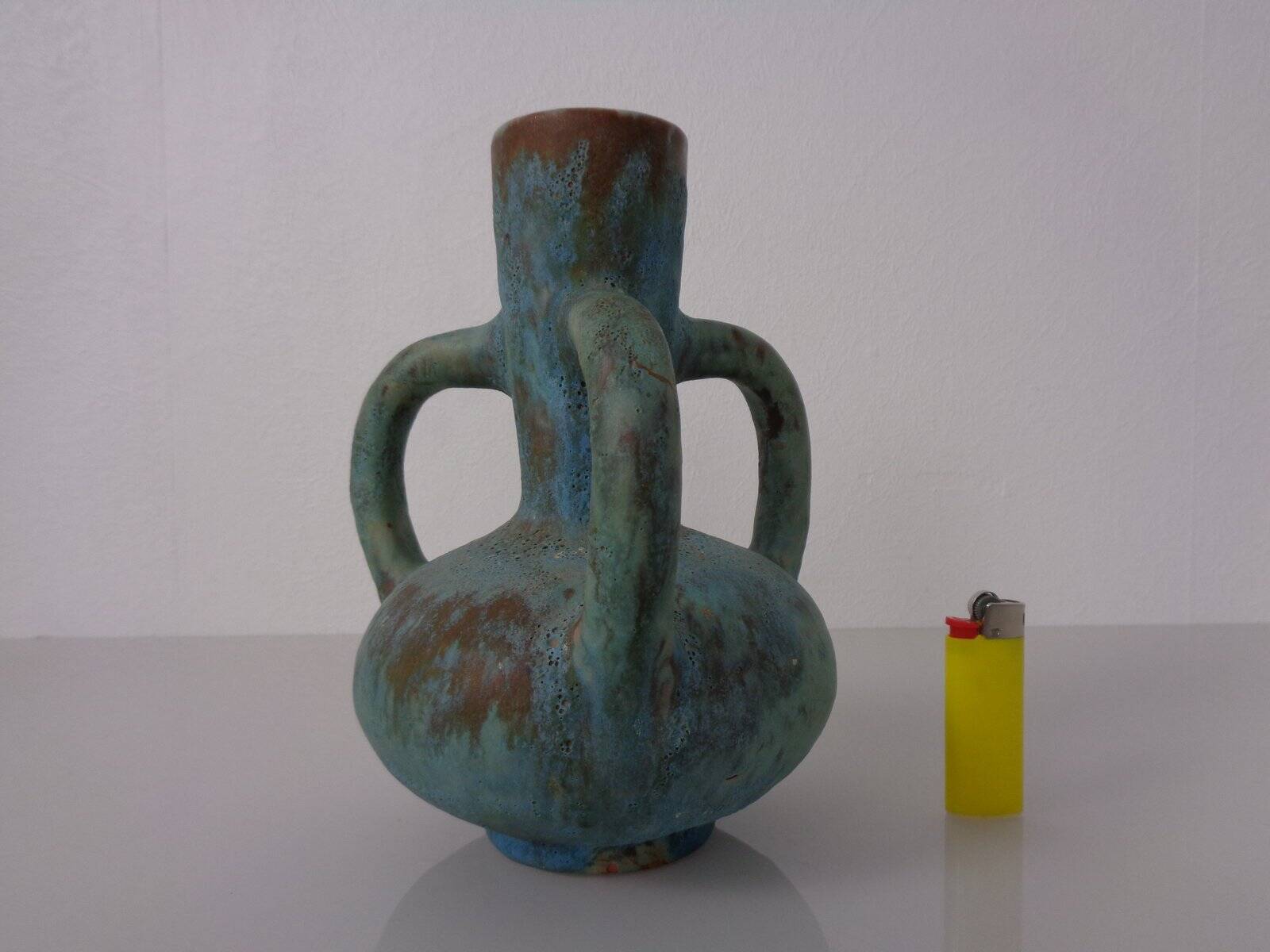 German studio ceramic handle vase by Lu & Gerd Grove, Lübeck, 1960s