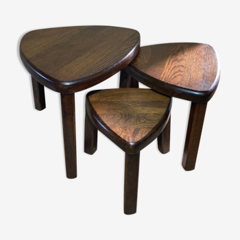 Brutalist oak organic curved oval side or nesting tables, Dutch ca 1960