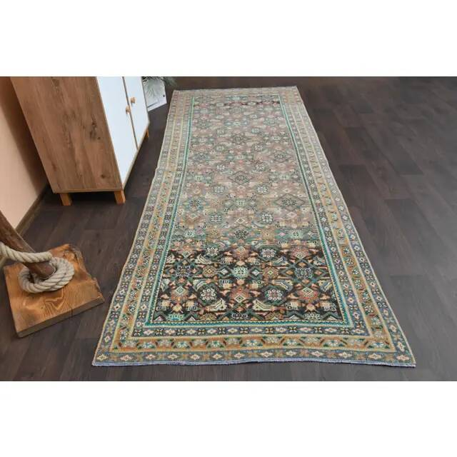 Vintage Turkish Oushak Handmade Wool Cotton Brown Runner Rug 118x301