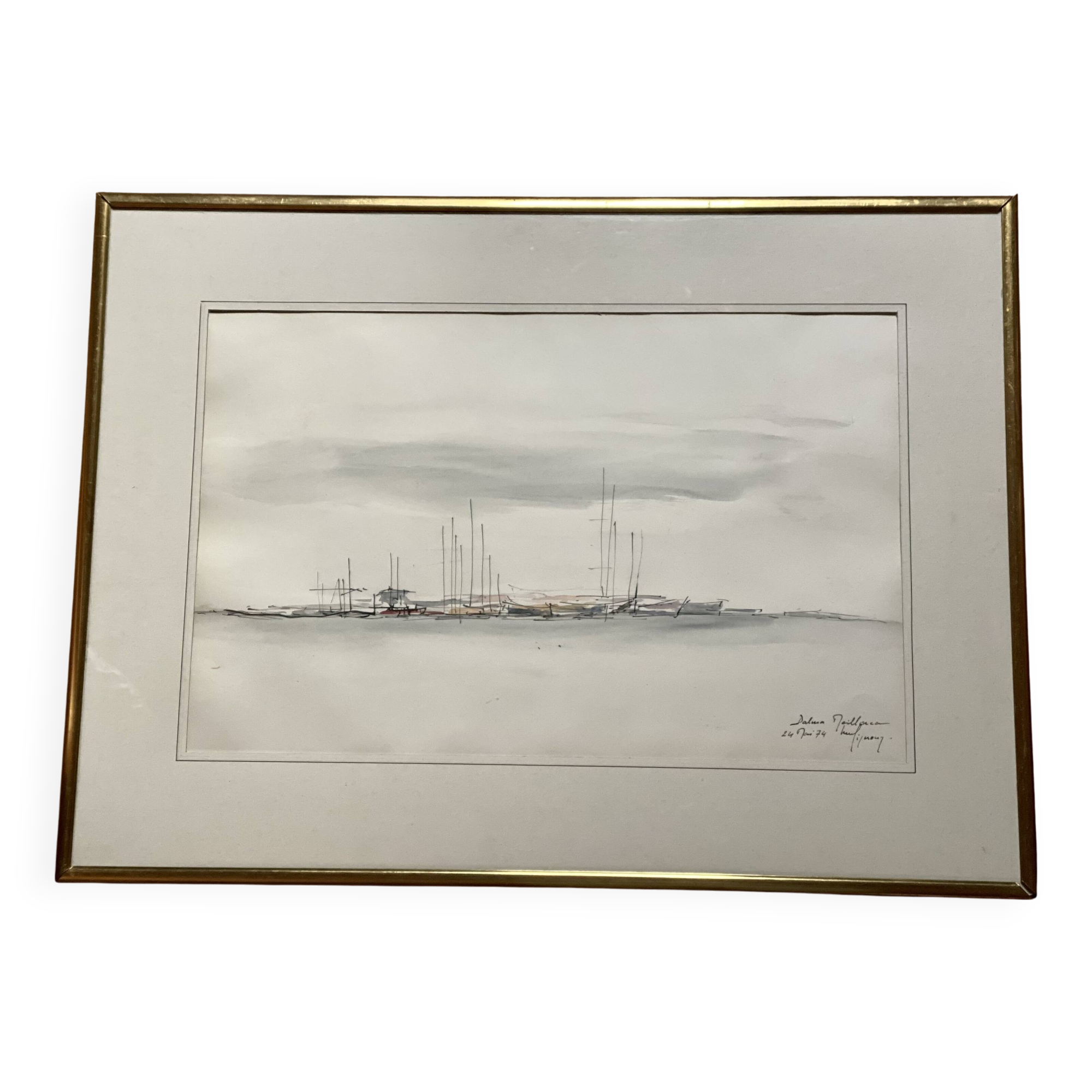 Aquarelle moderniste de Hubert Gignoux Palma de Majorque vintage 1970