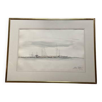 Modernist watercolor by Hubert Gignoux Palma de Mallorca vintage 1970