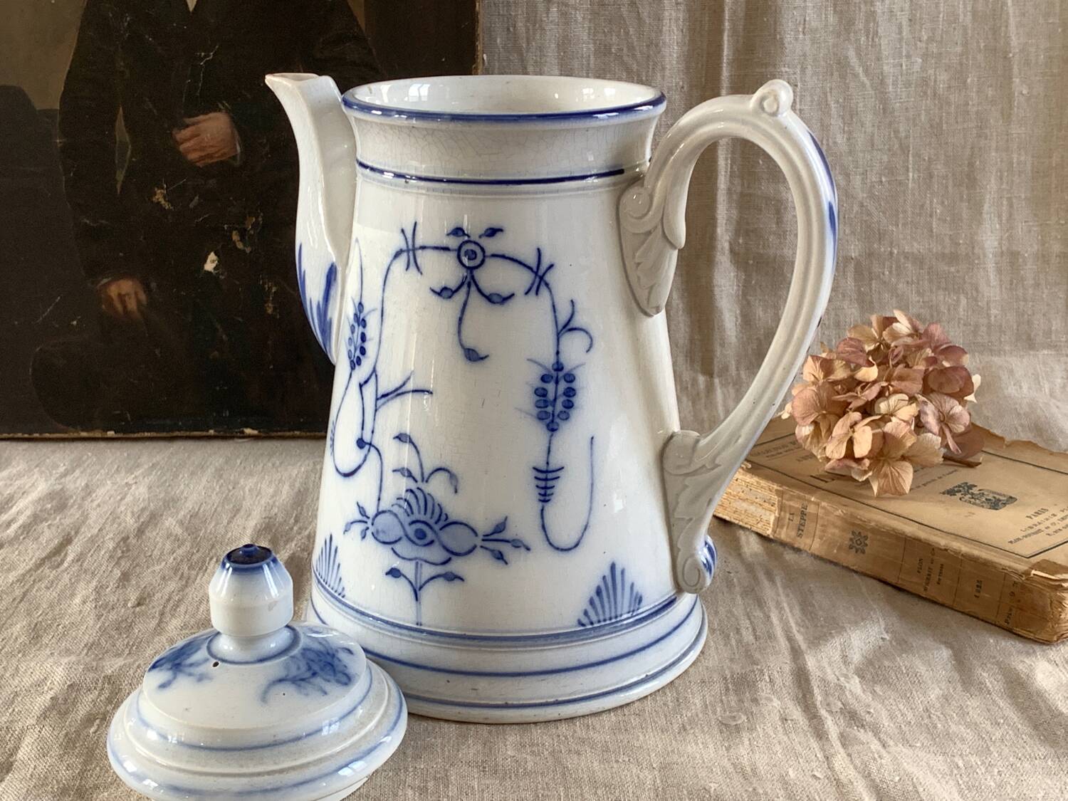 Sarreguemines 19th century white and blue coffee pot and pitcher