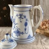 Sarreguemines 19th century white and blue coffee pot and pitcher