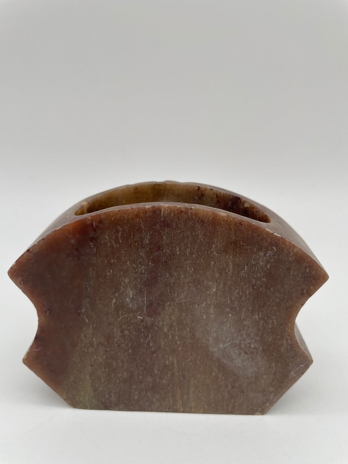Carved quartz pencil pot and inlaid pearly stones, swans and flowers.