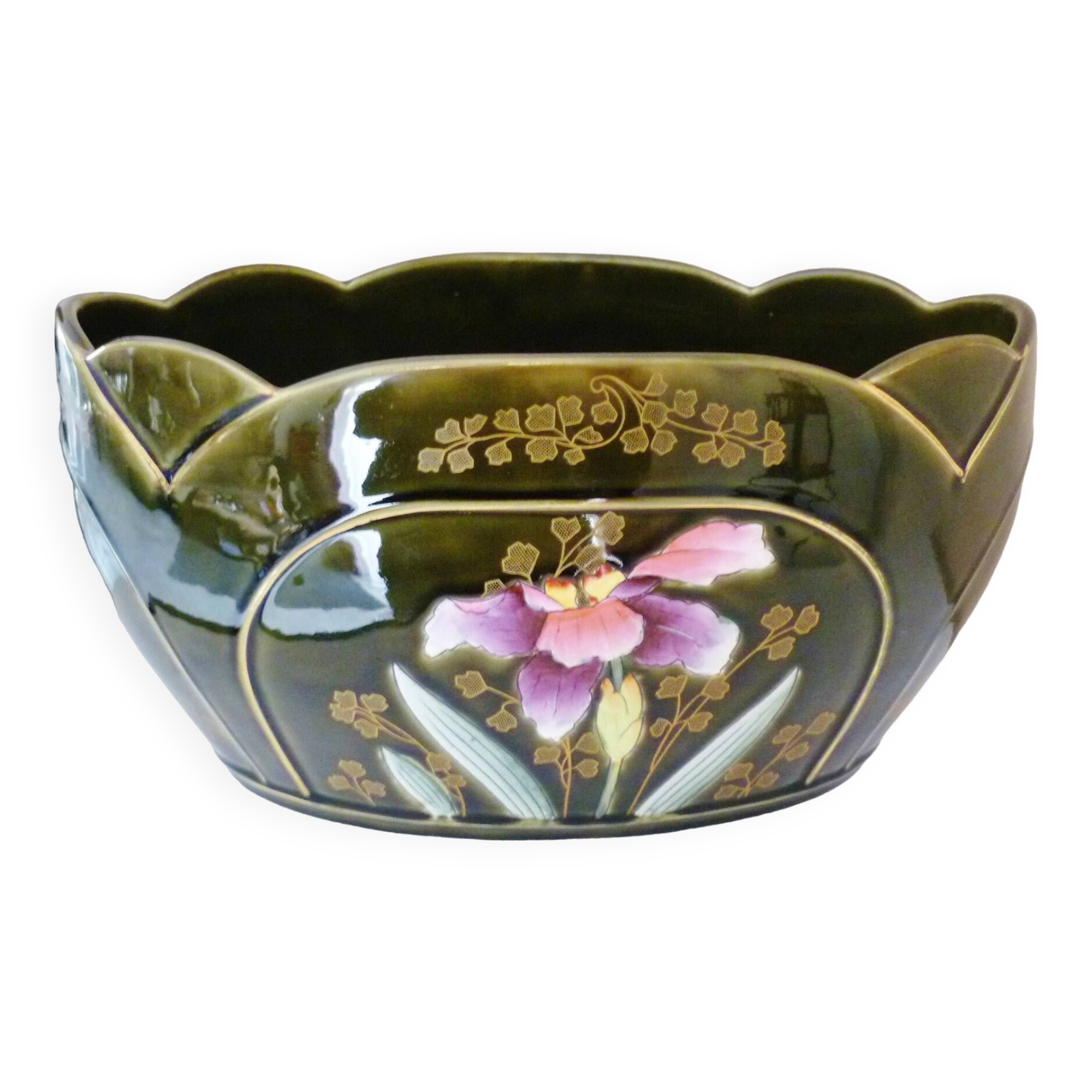 Planter, art nouveau, iris, enameled ceramic, signed Gustave De Bruyn, Fives-Lille