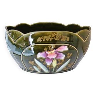 Planter, art nouveau, iris, enameled ceramic, signed Gustave De Bruyn, Fives-Lille