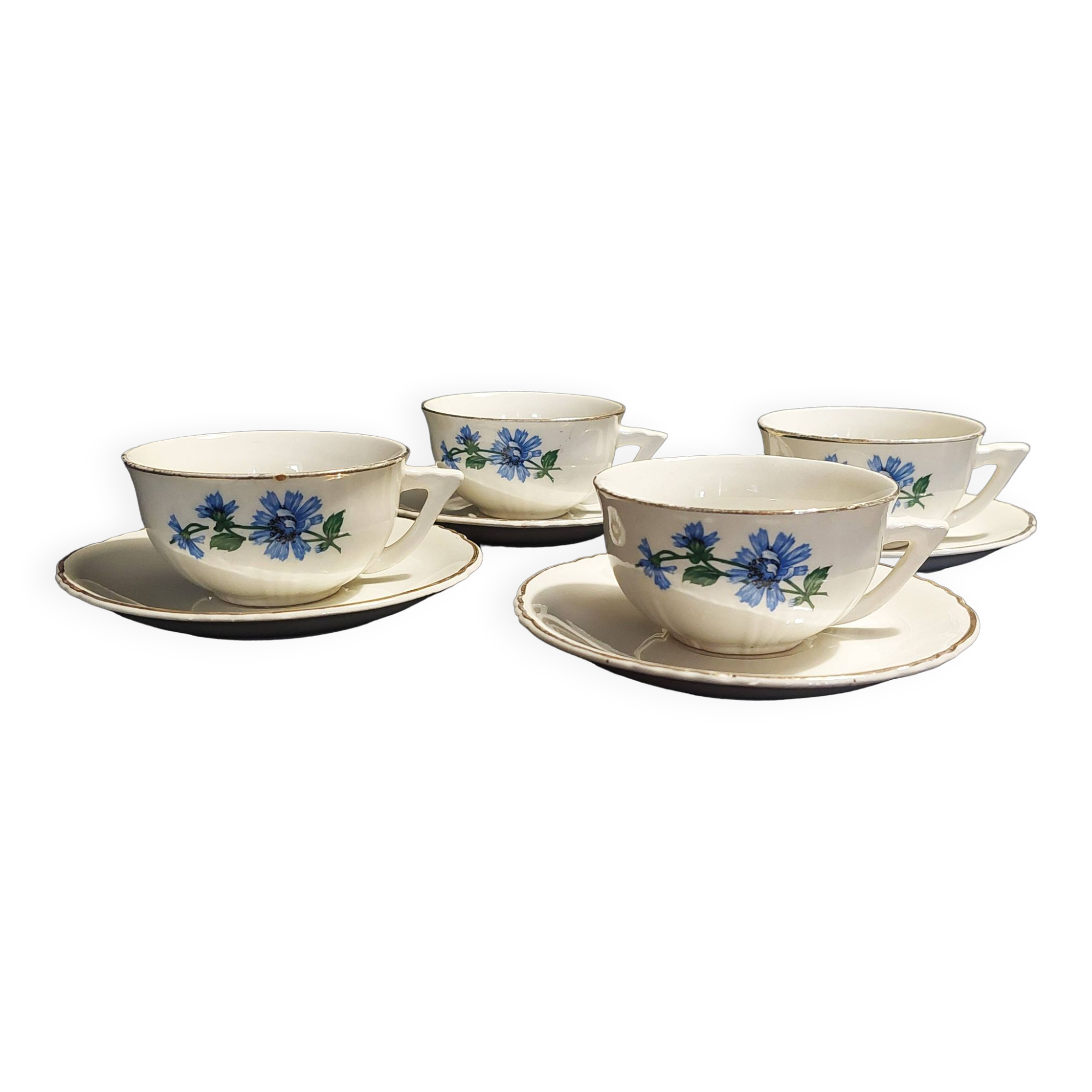 Series of four Orchies earthenware cups with chicory flower decoration