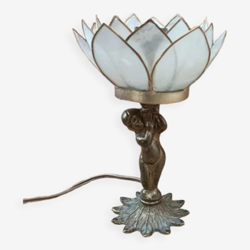 Lampe chevet ange lotus fleur pétale nacre base bronze laiton dp 0423007