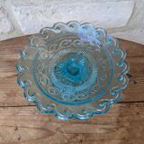 Ancien plat de service compotier sur piédouche en verre bleu