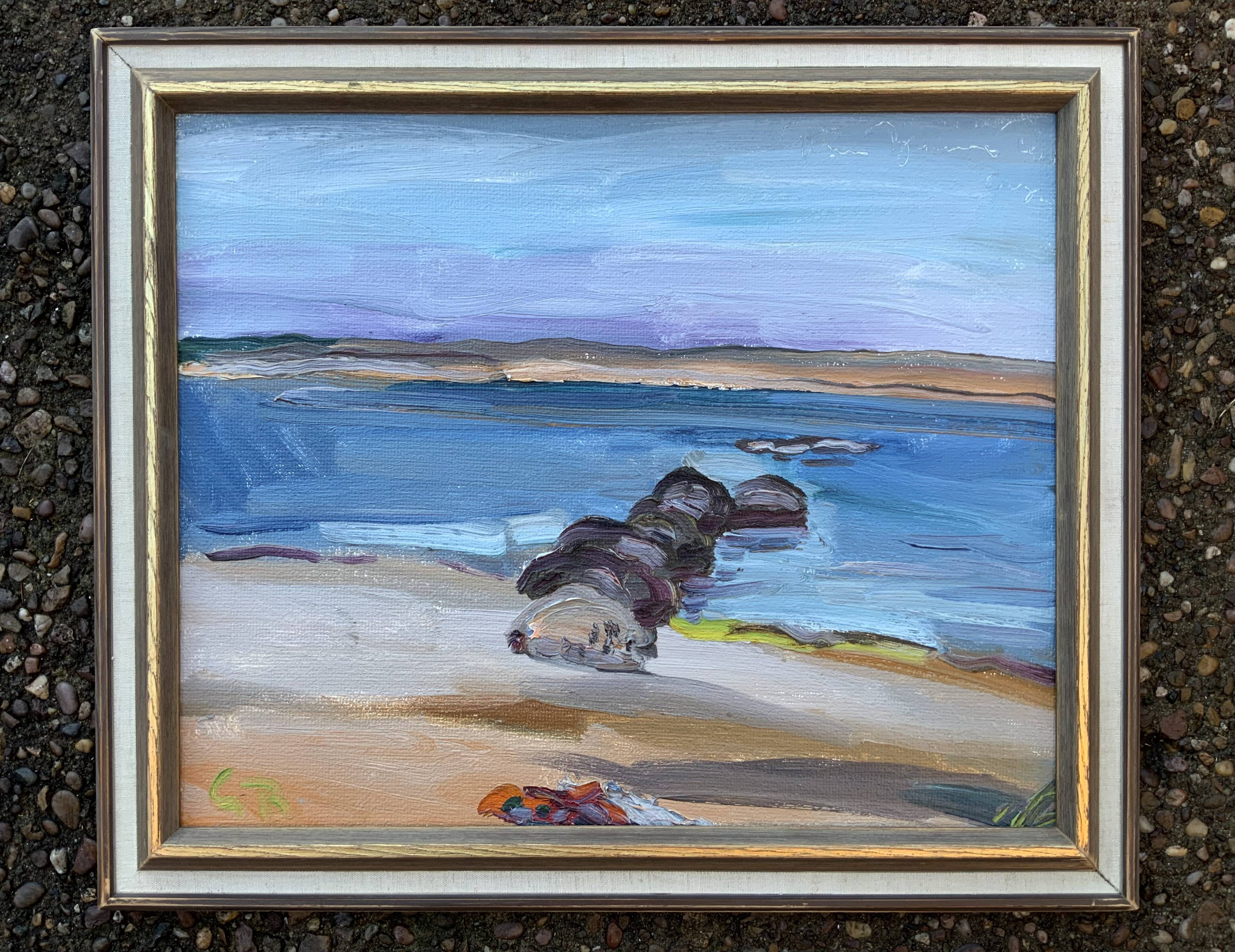 Vintage Swedish Modernists Oil Painting Blue Seascape by G.B. Mid 20th century