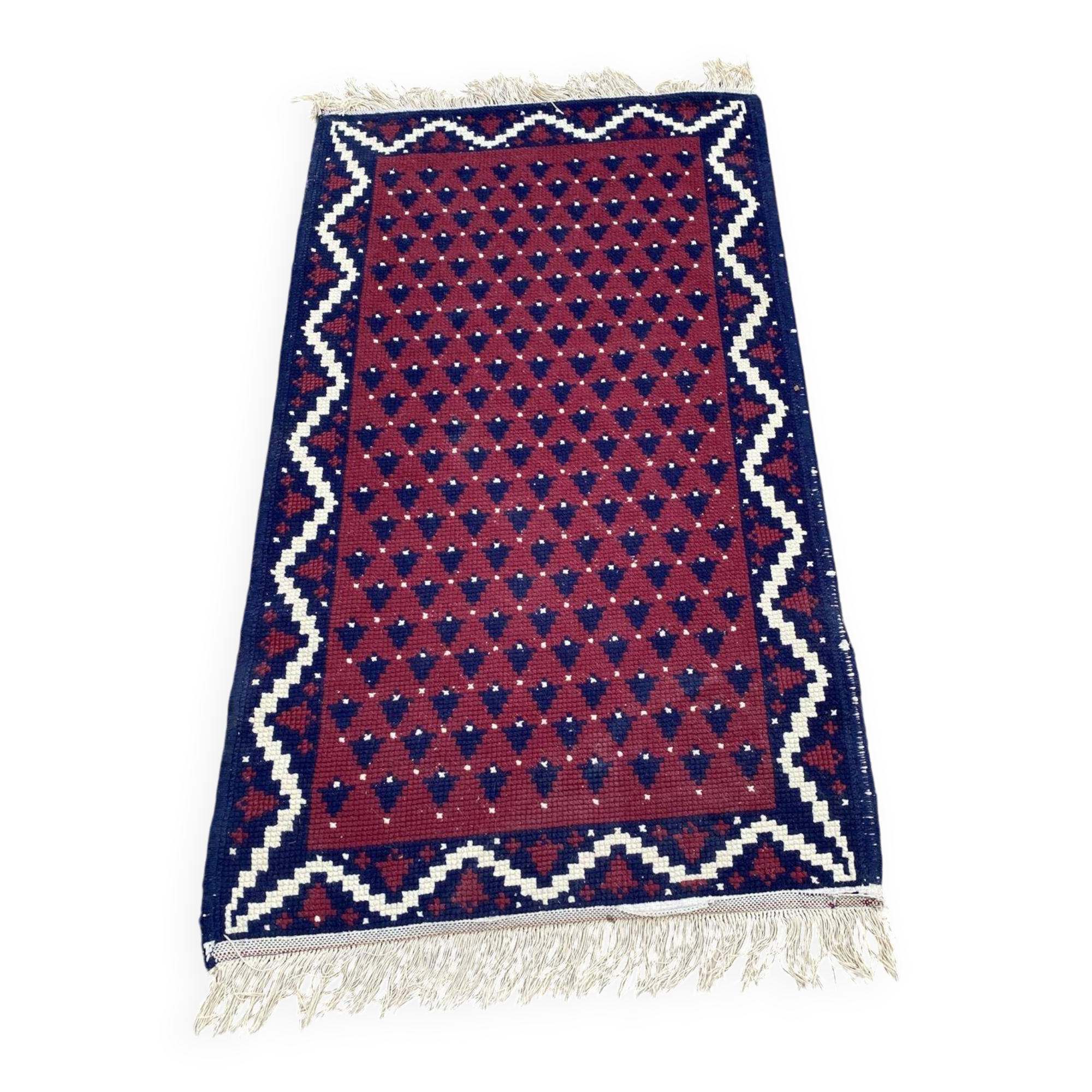 Hand-knotted wool rug 1970 80x140cm burgundy blue