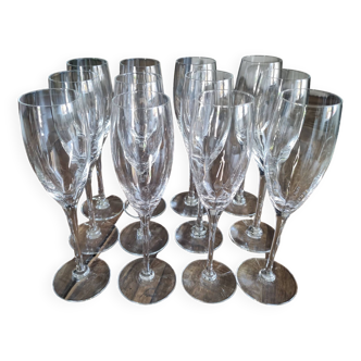 Set of 12 vintage Hartzviller crystal champagne flutes, Elisa Pétal model