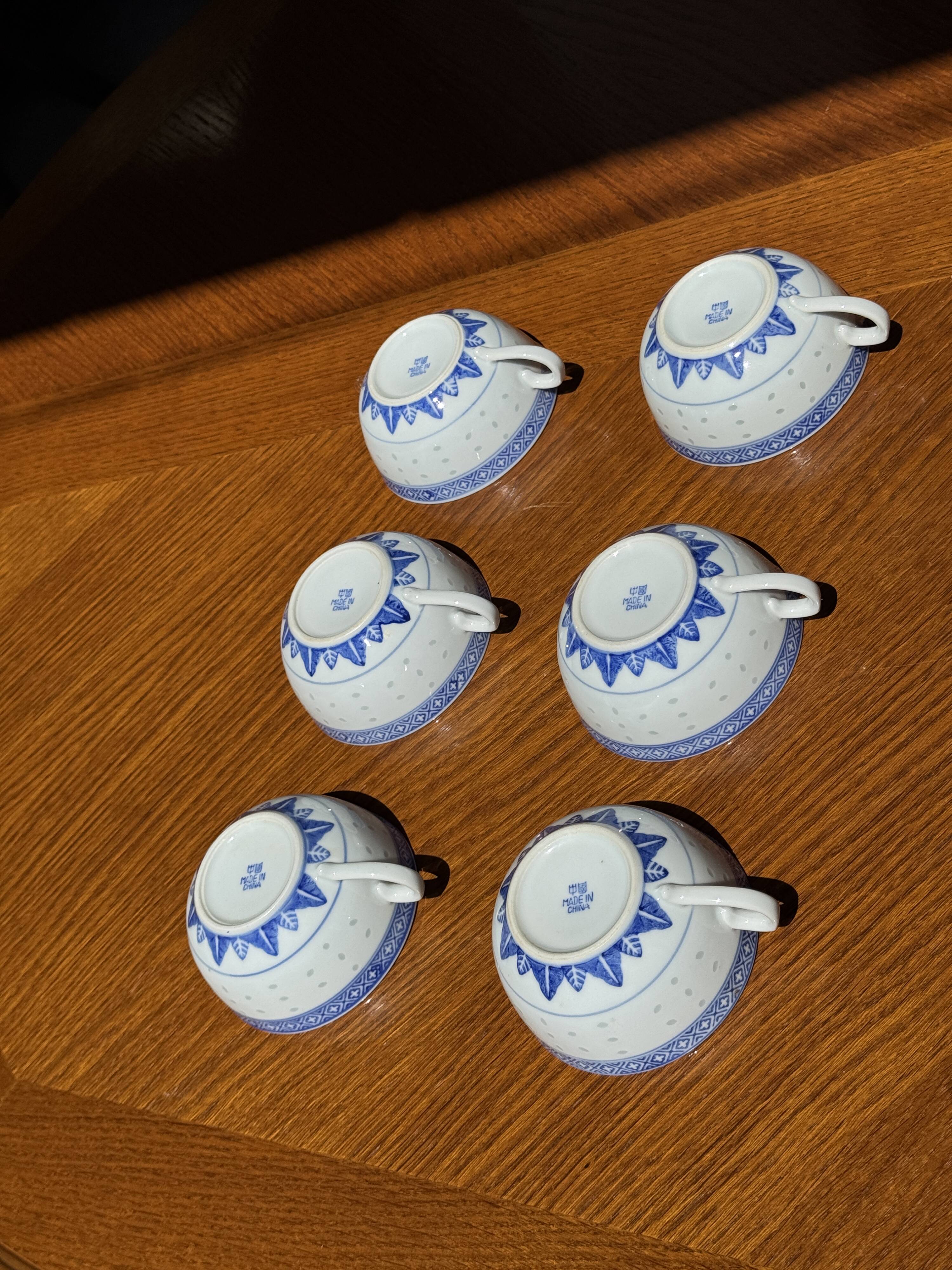 Small Chinese blue and white tea set for 6 cups and saucers.