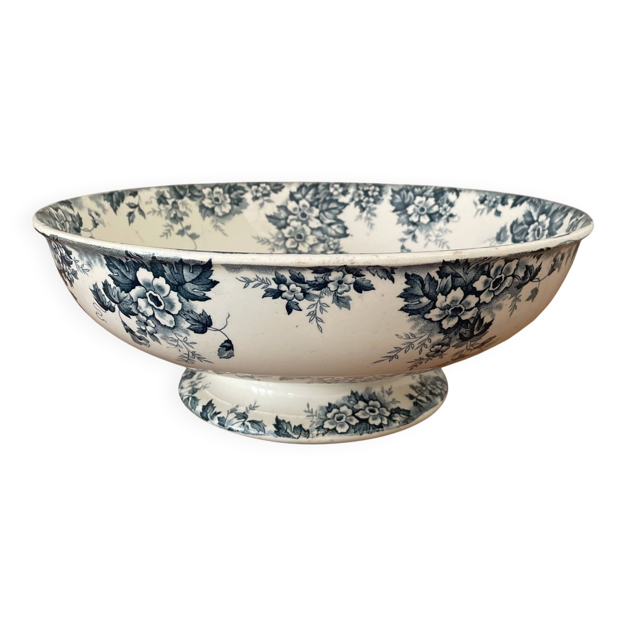 Antique large salad bowl on a pedestal in Saint-Amand earthenware (Nord)