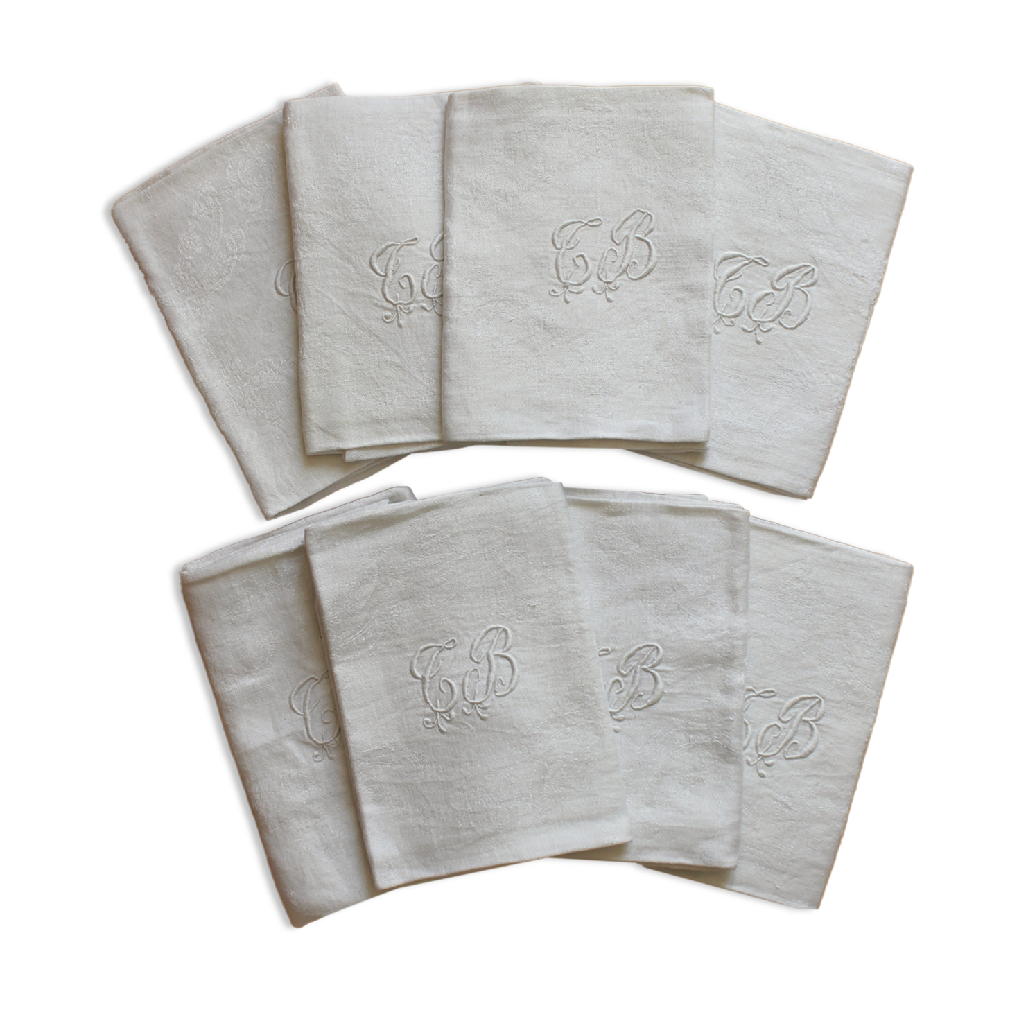 8 antique napkins in monogrammed and damask white linen