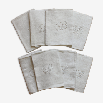 8 serviettes de table anciennes en lin blanc monogrammé et damassé