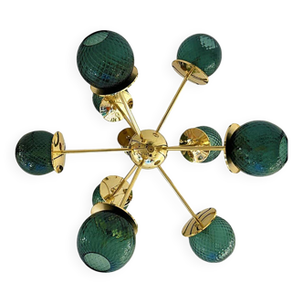 Italian Gold Chandelier Sputnik in Murano Glass Style Green "Balloton"