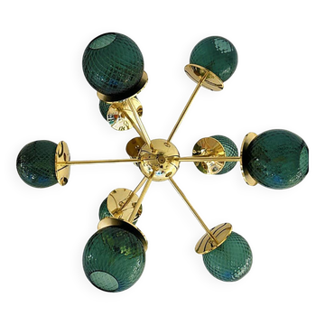 Italian Gold Chandelier Sputnik in Murano Glass Style Green "Balloton"