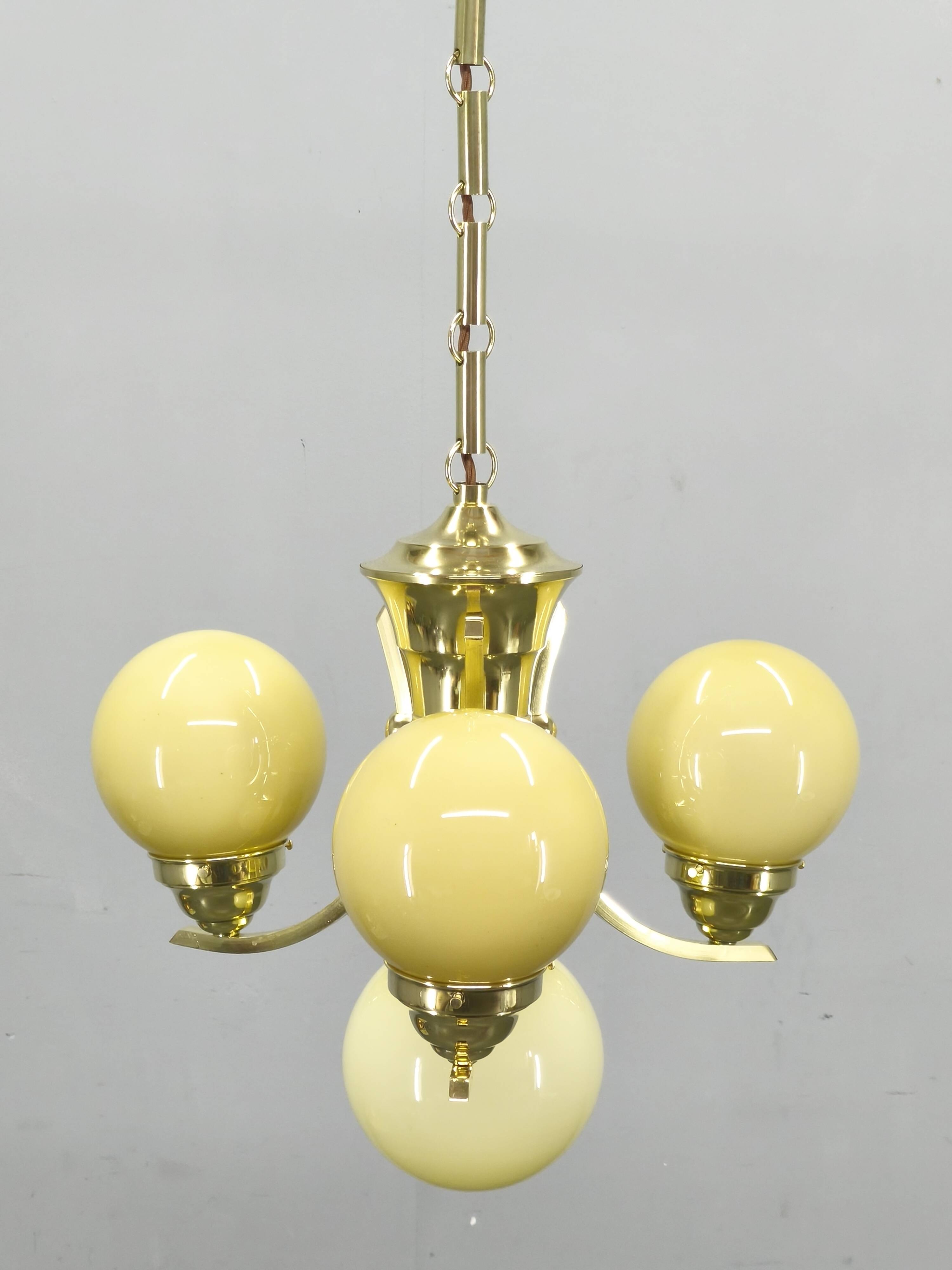 Art Deco Brass and Opaline Glass Chandelier, 1930s