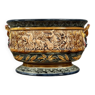 Large planter in colored slip with antique decoration