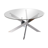 Vintage chrome coffee table with X frame and round glass top, 1980s