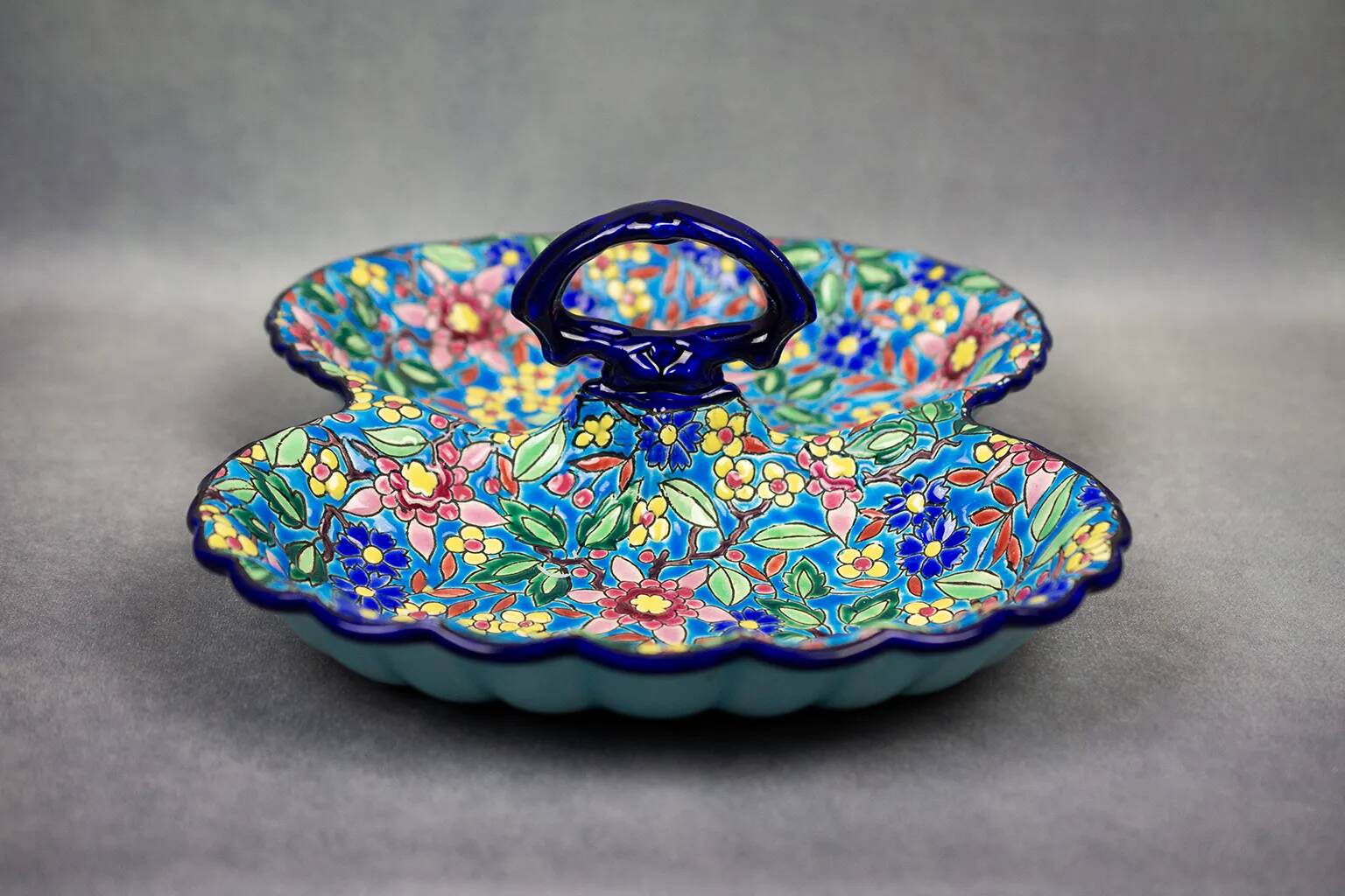 Beggar / servant in Longwy earthenware – floral decoration, 1950s